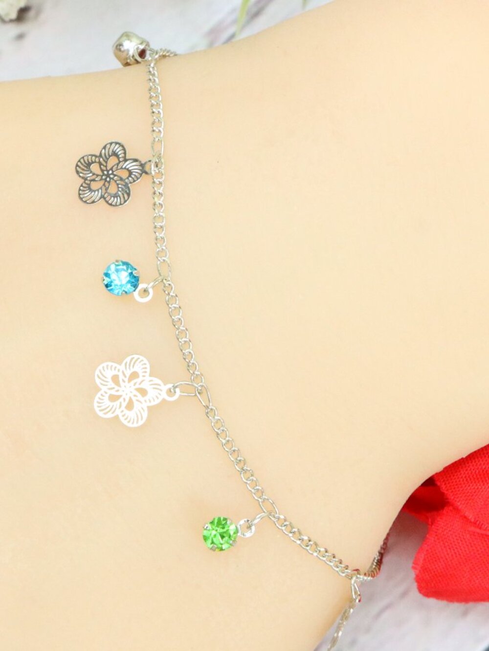 Silver Color Elegant Flower Charm Bracelet, CZ Sapphire Emerald Dainty WALRCN105